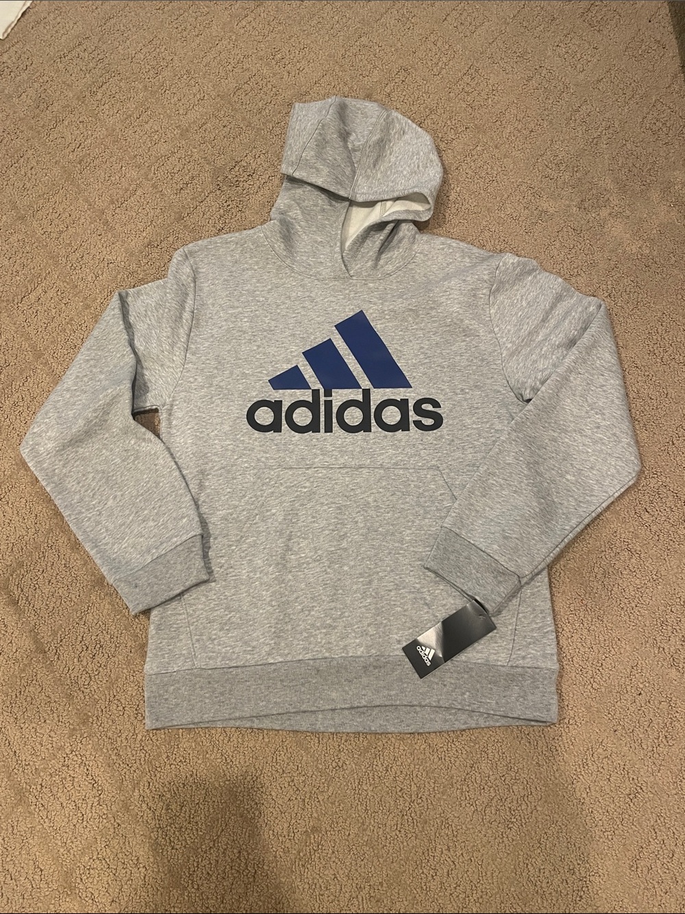 adidas Boys Light Gray Crewneck Hoodie with Navy Logo